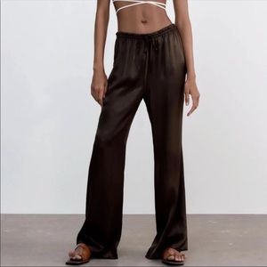 Zara Brown Satin Pants with Drawstring